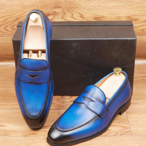 Mocassins Cuir Bleu Patiné