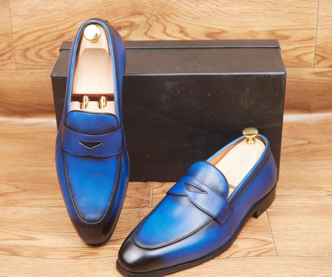 Mocassins Cuir Bleu Patiné